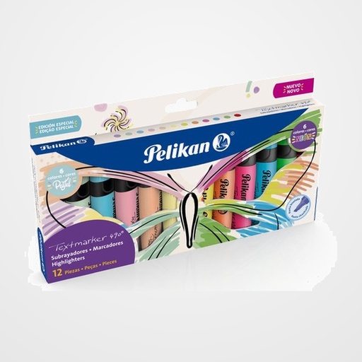MARCADOR FLUOR PELIKAN TEXTMARKER 490  SET MARIPOSA SURTIDO DE 12 (6x fluor + 6x pastel)