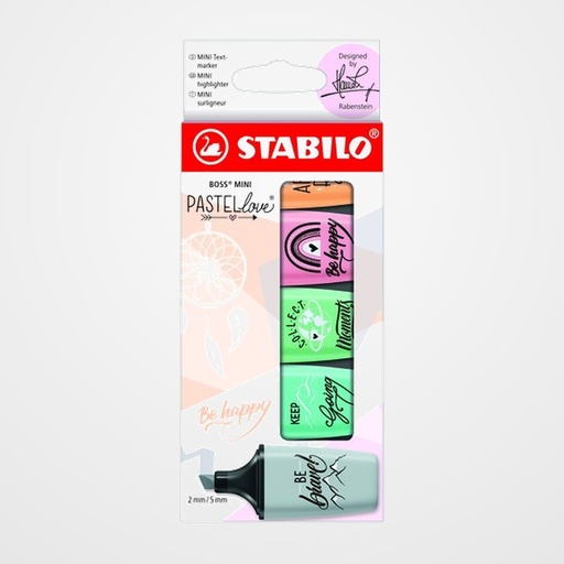 MARCADOR FLUOR STABILO BOSS MINI 07  PASTEL ESTUCHE de 5 (rubor rosa, pizca de menta, toque turquesa, naranja, gris)