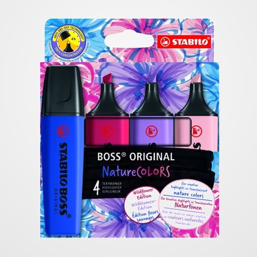 MARCADOR FLUOR STABILO BOSS 70 NATURE COLORS WILDFLOWERS EDITION ESTUCHE de 4 (colorete, azul marino, lila grisaceo y rojo borgoña)