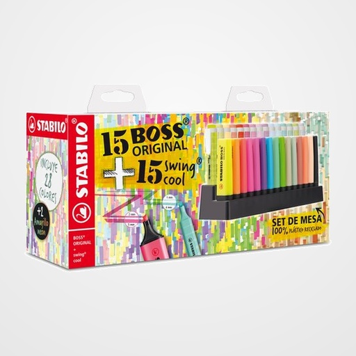 MARCADOR FLUOR STABILO BOSS 70 ORIGINAL + SWING COOL SET MESA de 30 (15 BOSS + 15 SWING)