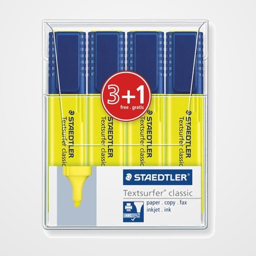 MARCADOR FLUOR STAEDTLER 364 TEXTSURFER CLASSIC AMARILLO ESTUCHE de 4 (3+1 REGALO)