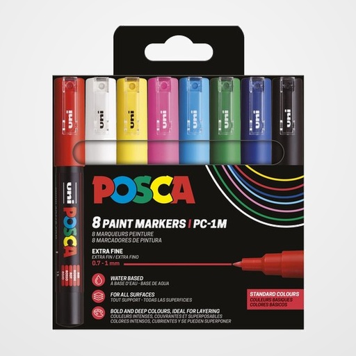 MARCADOR T.OPACA NO PERM. UNI POSCA  0,7 F (PC-1M)  COLORES BASICOS ESTUCHE de 8