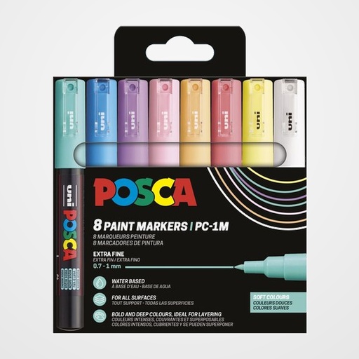 MARCADOR T.OPACA NO PERM. UNI POSCA  0,7 F (PC-1M)  COLORES SUAVES ESTUCHE de 8