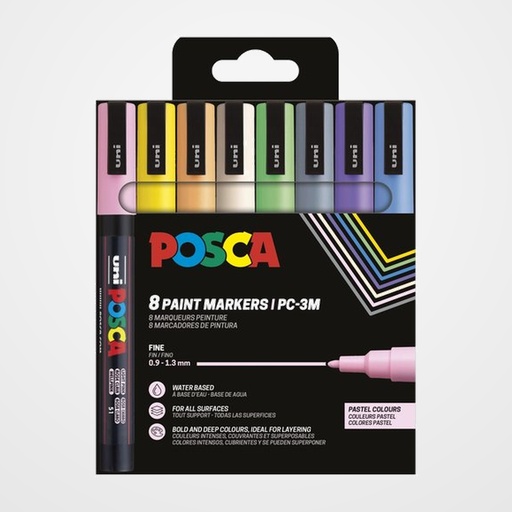 MARCADOR T.OPACA NO PERM. UNI POSCA  0,9 (PC-3M)  COLORES PASTEL ESTUCHE de 8