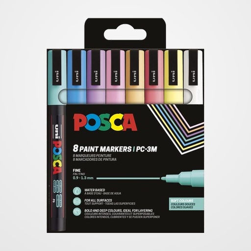 MARCADOR T.OPACA NO PERM. UNI POSCA  0,9 (PC-3M)  COLORES SUAVES ESTUCHE de 8