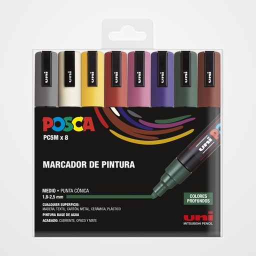 MARCADOR T.OPACA NO PERM. UNI POSCA 1.8-2.5mm (PC-5M) COLORES OSCUROS ESTUCHE de 8