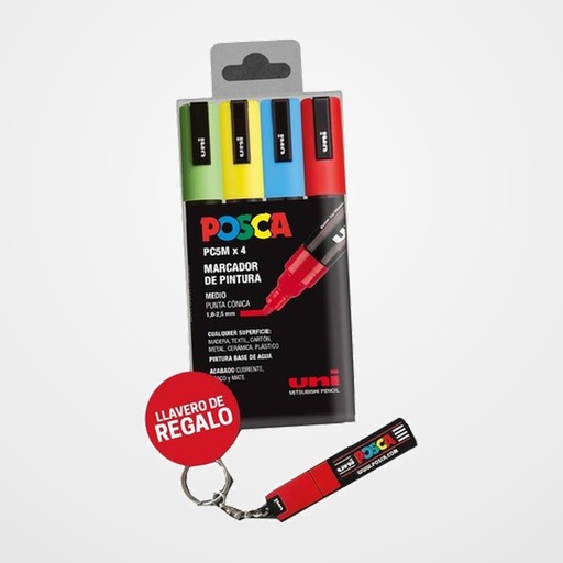 MARCADOR T.OPACA NO PERM. UNI POSCA 1.8-2.5mm (PC-5M/4C) ESTUCHE de 4 (incluye llavero de regalo)
